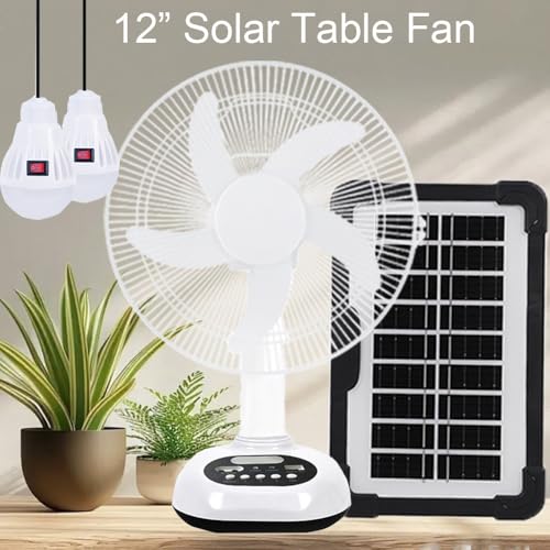 12 inch New Update Rechargeable Solar Powered Fan,14400mAh AC DC Portable Camping PowerBank 12 Inch Oscillating Tabletop Fan with Led Night Light for Home Office Outdoor Camping Tent Traving (1)