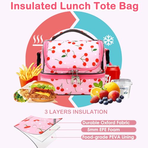 FlowFly Kids Double Decker Cooler Insulated Lunch Bag Large Tote for Boys, Girls, Men, Women, With Adjustable Strap, Cherry - color: Cherry