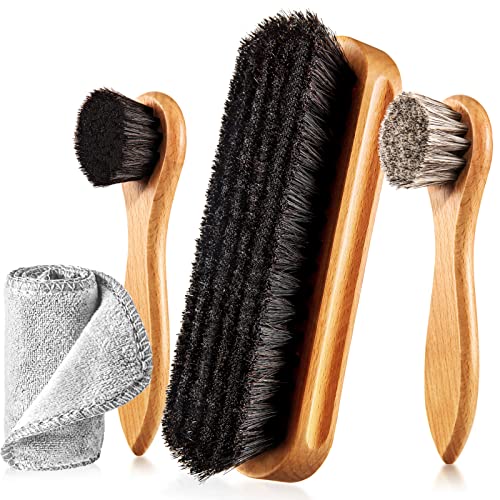 4 Pcs Horsehair Shoe Brush Kit Polishing Daubers Applicators Leather Care Brushes Shine Cleaning Cloth with Case(Shoe Brush Set F) - style: Shoe Brush Set F