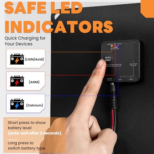 FieryRed 30W 12V Solar Panel Car Battery Charger & Maintainer, Portable Waterproof Trickle Charger with Built-in Controller, Cig Plug, Alligator Clips, USB-C, USB-A Outputs for Car, Boat, RV, Tractor - size: 30W