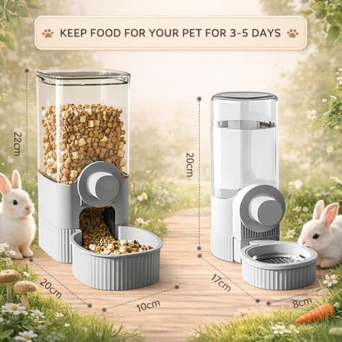 Hanging Automatic Food and Water Dispenser, Gravity Rabbit Feeder Set, Cage Cat Food Bowl Dog Feeding Station for Puppy and Kitten Rabbit Chinchilla Hedgehog Ferret (for Cage Grid Over 1.2”)