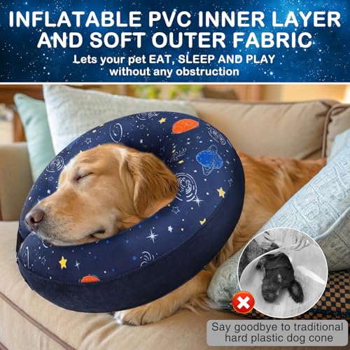 SCENEREAL Soft Dog Cone Alternative After Surgery for Large Medium Dogs | Inflatable Recovery Pillow Collar for Dogs, Adjustable Neck Donut to Stop Licking, Planet Print E-Collar, M - color: Navy Blue Planet, size: M(Neck 13"-16")