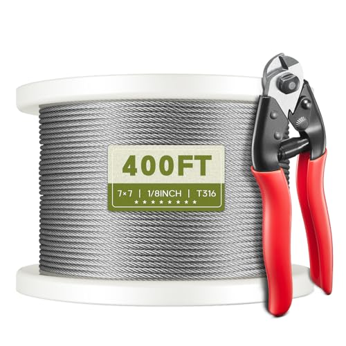 KALLDSY 400FT 1/8" Stainless Steel Cable for Railing, 7x7 Wire Rope | Marine-Grade T316 SS, High Strength, Flexible for Deck Cable Railing System Kit, DIY Balustrades, Comes with a Cutter - size: 400 ft