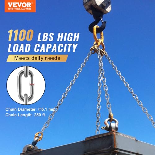 VEVOR Proof Coil Chain, 3/16" x 250', 1100 lbs Safe Working Load, Zinc Plated Proof Tested Coil Chain with Two Quick Links, Galvanized Carbon Steel Link Chain for Towing, Hanging, Camping, Pet Towing - size: 3/16 Inch x 250 Ft