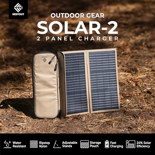 NESTOUT Portable Solar Panel, USB-C and USB-A Ports, 14W Solar Charger for Camping, Water Repellent Ripstop Nylon, Foldable Compact Design, Digital Ammeter, Adjustable Stand, Beige (2 Panel) - color: Beige 2-Panel (Upgraded)