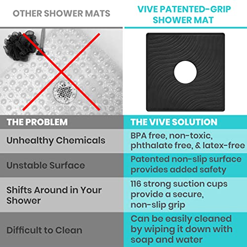 Vive Shower Mat - 22" by 22" Square Non Slip Large Bath Mat for Bathtub - Patented Design - Suction Cup Traction Skid Pad for Stalls Floors Tub - Textured Rubber with Drain Hole - color: Midnight Black
