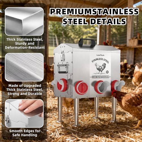 Large Automatic Chicken Feeder, 55 lb Capacity, 8 Feeding Ports, Upgraded Stainless Steel Poultry Feeder, No-Waste Design, Adjustable Legs & Lockable Lid for Coop, Ducks & Turkeys
