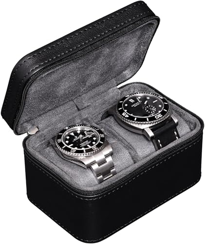 ROTHWELL 2 Watch Travel Case for Men | Compact PU Leather Protective Box with Microsuede Interior | Fits Watches & Smartwatches Up to 55mm (Black/Grey) - color: Black / Grey