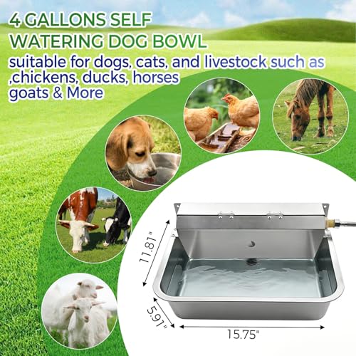 Automatic Dog Water Dispenser with Drain Hole, 304 Stainless Steel Auto Water Dog Bowl with Float Valve, Hose Quick Connect Fitting, Automatic Livestock Waterer for Horse, Chicken (4 Gallons) - size: 4 Gallons