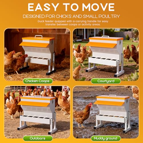 No Waste Automatic Chicken Feeder, 16L Metal Chicken Feeder | Duck Feeder for Outdoor, Large Poultry Feeder with Adjustable Stand & 5 Feeding Ports