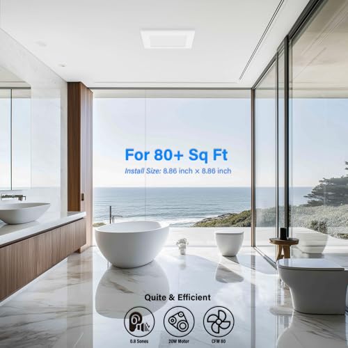 80CFM Bathroom Exhaust Fan with Grille: 20W Ceiling Mount Shower Ventilation Fan, 120V, White, Wet Rated, ETL Certified - size: 80 CFM With Grille