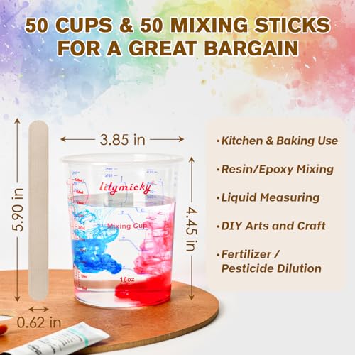 Lilymicky 16 oz Plastic Mixing Cups, 50 Pack 16 oz (500ml) Disposable Measuring Cups with 50 Wooden Mixing Sticks, Can Be Used for Epoxy Resin, Liquid Measuring, Paint, Cooking and Baking