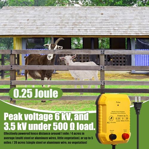 Electric Fence Kit, 0.25j Charger 3366ft Wire 60 Insulators | 5 Mile 110V Plug in Electric Fence, Polywire for Livestock Horse Cattle Poultry, T Post Screw Insulators, Farm Pasture - size: 3366FT, style: 0.25J