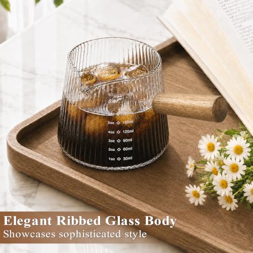 6OZ Espresso Shot Glass Cups Coffee Measuring Cup Coffee Bar Accessories | With wood handle, V-shaped, spout ribbed milk frothing pitcher spouts cup for coffee milk sauce