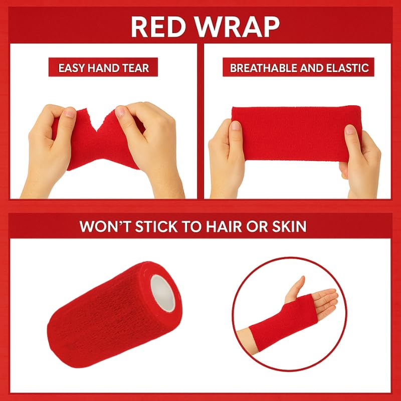 4" Cohesive Flexible Bandage Wrap – Red - 8 Pack | Self-Adherent Vet Tape for Animal Use | Breathable, Easy Tear, No Clips Required | Ideal for Horses, Dogs, Livestock, Pets - color: Red