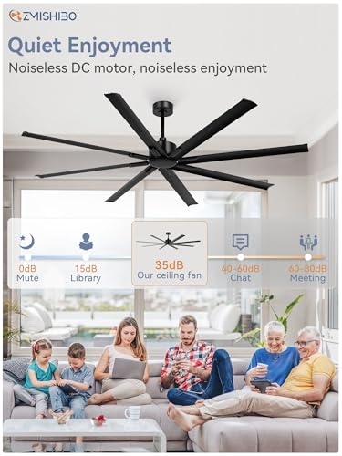 ZMISHIBO 96 Inch Industrial Ceiling Fan without Light, 8 Aluminum Blades | DC Motor, Damp Rated, 6 Speeds, Remote Control, 3 Downrods, Flat/Sloped Ceiling, Commercial, Farmhouse, Garage, Warehouse - color: Black, size: 96inch