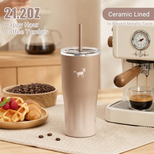 CHEERFUL GOAT Ceramic Travel Tumbler Ceramic Coffee Mug with 2 Lids | 21 OZ Stainless Steel Coffee Tumbler with Ceramic Liner,Cup for Hot and Cold at Home, Office, or On the Go （Latte Ombre ） - color: Latte Ombre