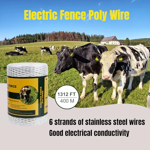 Portable Electric Fence Polywire, 1312 Feet 400 Meter, 6 Conductors, White Color