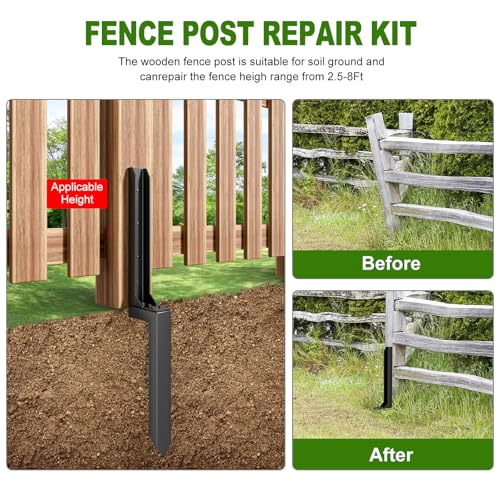 Fence Post Repair Kit，(Separation 16.9+17.9",8 pcs) | Heavy Duty Steel Fence Post Anchor Ground Spike ，Quick Fix Broken/Leaning Wood Posts with，and Fixed Fence Posts - size: Separation (16.9+17.9")