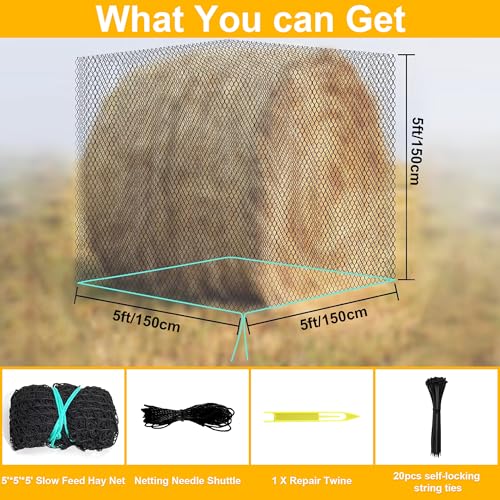 Round Bale Hay Net, 5 * 5ft Feet Slow Feed Hay Net for Horses Livestocks Feeder with 1.75 Inch Holes, Holes Fits Round Bales 4x5, 5x5ft or Square Bales 3x3x8, 4x4x8ft