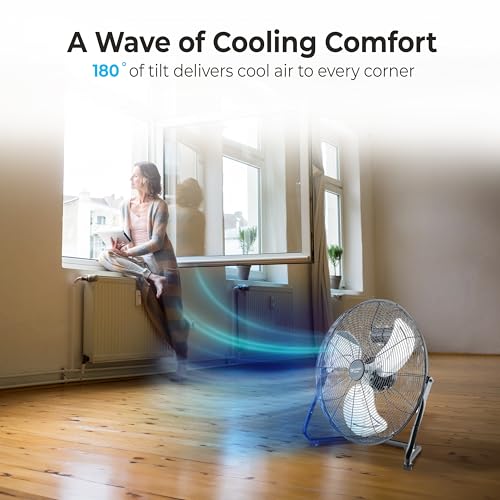Comfort Zone 20-Inch High-Velocity Industrial Floor Fan, Heavy-Duty 3-Speed Metal Shop Fan with 180° Adjustable Tilt & Carry Handle, Quiet Vibration-Free Cooling for Garage, Workshop, & Home - size: 20"