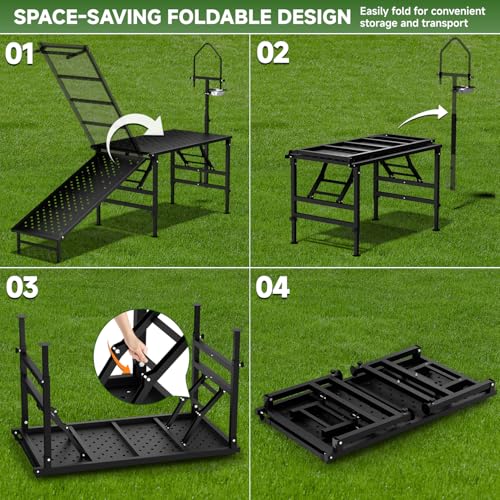Goat Milking Stand with Ramp, Livestock Trimming Goat Stand with Adjustable Headpiece & Legs, and Feed Bin, 600LBS Heavy Duty Sheep Stand for Lambs Shearing, Grooming & Hoof Trimming, Black | Goat stand with ramp foldable stong load capacity
