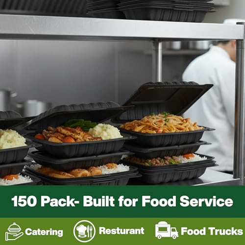 Front Lock MFPP Hinged Food Containers, 9" x 9" Black Vented Clamshell – 3 Compartment Disposable Takeout Boxes, Durable Microwaveable Containers for Restaurants & Food Service – 150 Pack - color: Black