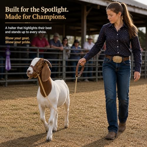 Adjustable Genuine Leather Goat Halter with Chain Lead, Premium Show Goat Halter for Training, Elegant Livestock Handling Supplies, Durable Goat Head Collar for Goats (33–110 lb)