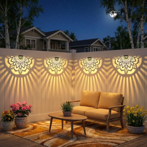 Gardsee Solar Fence Lights 6 Pack Solar Deck Lights Waterproof LED Solar Powered Step Light Wall Lights Outdoor Decorations Warm Yellow Light Decorative Lighting for Garden (Black 2) - style: flower