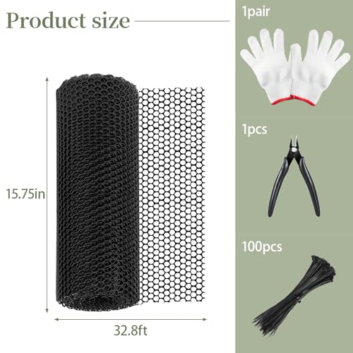 Plastic Chicken Mesh 1.3ft x 33ft (15.7" x 360") Chicken Fencing | Black Chicken Wire Mesh with Gloves Zip Ties Scissors Floral Chicken Wire Ideal for Poultry Fencing
