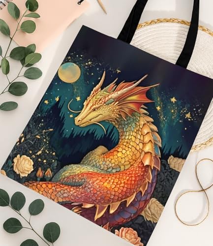 Vintage Botanical Animal Canvas Tote Bag for Women, Aesthetic Floral Animal Reusable Shoulder Bag for Shopping - color: Dragon_02