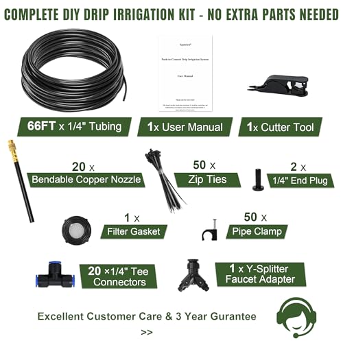 66FT Drip Irrigation System Kit Dual-Zone Garden Atomizing Watering System with 20 Copper 360° Adjustable Bendable Nozzles, Y-Splitter, Leak-Proof 1/4" Misting System for Garden Greenhouse Raised Beds - size: 66FT