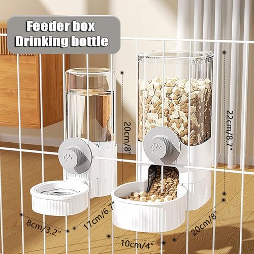 Automatic Rabbit Feeder and Water Dispenser Set,40oz Gravity Food Feeder&17oz Leak-Proof Water Bottle for Guinea Pigs,Hamsters,Chinchillas,Ferrets,Small Animals,Cage Mount Feeding Station white