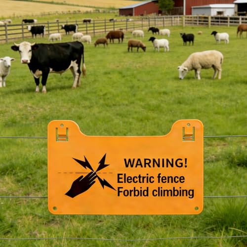 QMARK Electric Fence Warning Signs, Yellow Plastic, 8 x 5 Inch, 10 Pack | Double-Sided, High Voltage Danger Sign, Forbid Climbing Sign, For Farm Ranch Home