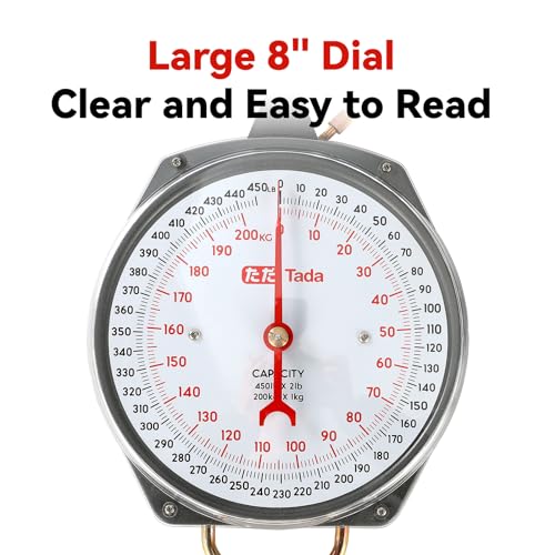 Tada Game Scale 450lb Mechanical Hanging Scale with 8 Inch Dial, Heavy-Duty Design for Kitchen, Fishing, Outdoor Use, and Farms