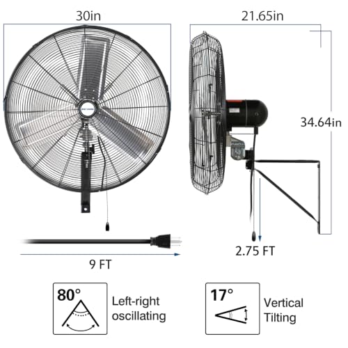 BILT HARD 30 in. 9500 CFM High Velocity Wall Fan, Industrial Wall Mount Oscillating Fan with 3 Speeds, Heavy Duty Shop Fan for Commercial, Garage, Warehouse, Workshops and Jobsites - size: 30 inch