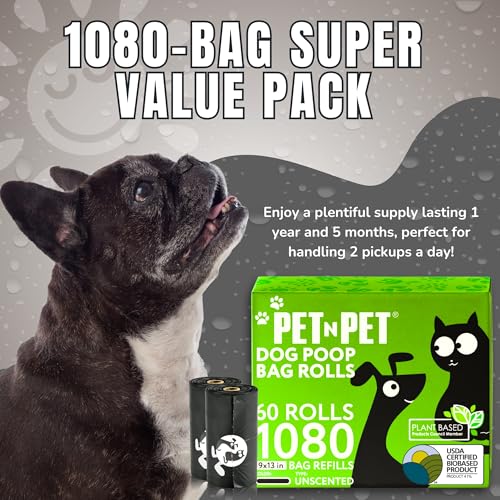 Pet N Pet Poop Bags for Dogs, 1080 Count, Plant Based, Black 9x13 Thick | 41%, 59% PE, Extra, Rolls, Unscented, Waste, Leak-Resistant, Tear-Resistant, Easy-Tear Design, Durable, dog waste bags - color: Black - Unscented
