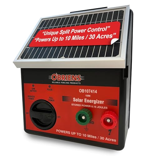 O'Briens Solar Fence Energizer 0.15 Joule | Electric Fence Charger for Up to 10 Miles / 30 Acres | Portable Unit for Poultry, Gardens, Pastures, Livestock Protection & Wildlife Exclusion