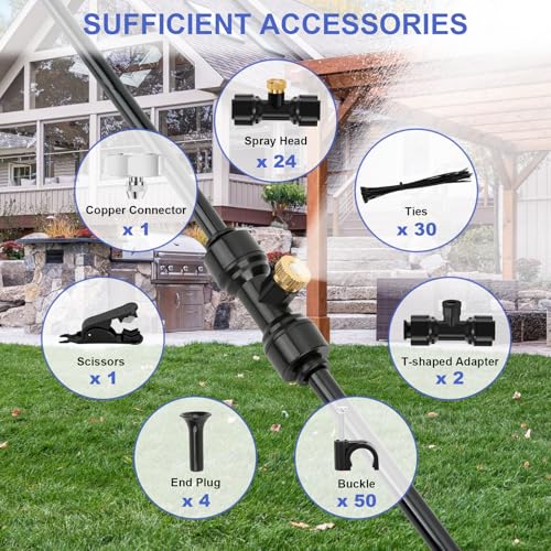 GMAULEE Misting Cooling System, DIY 78.8FT(24M) Misting Line +24 Brass Mist Nozzles+ a Brass Connector(3/4'') Outdoor Mister System for Patio Waterpark Garden Trampoline Greenhouse - size: 78.8 ft (24M)+24 Brass