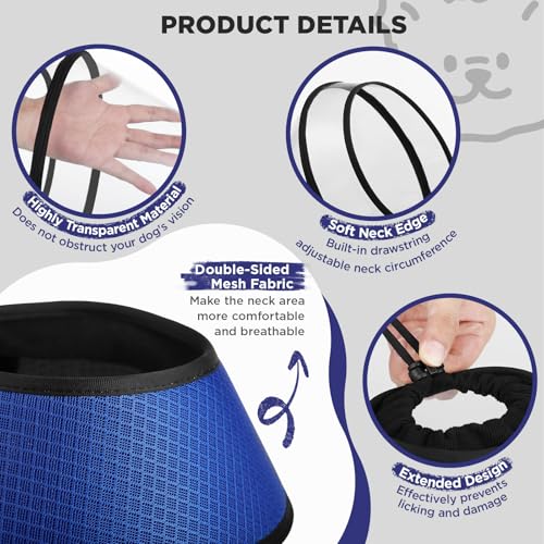 Soft Dog Cone for Dogs After Surgery,Transparent Breathable Dog Cone Collar for Small Large Medium Size Dog,Adjustable Depth Pet Recovery Collars,Elizabethan Collar for Dogs Stop Licking (Blue-S)