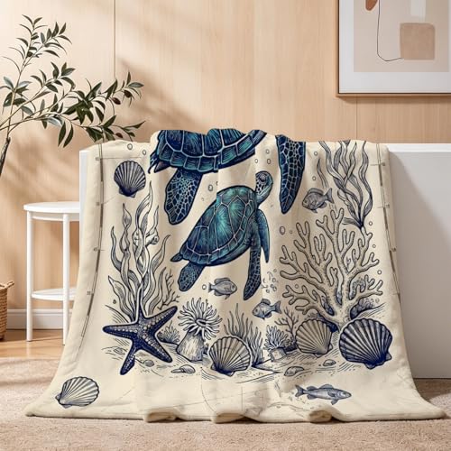 Vintage Nautical Turtle Throw Blanket, Flannel Fleece 40" x 50" | Yujiiso Vintage Nautical Sea Turtle Blanket Lightweight Decor for Living Room, Bedroom, Office and Travel, Home Decor Gift - color: Vintage Nautical Sea Turtle, size: 40"x50"