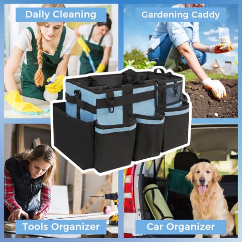 SCAVATA Wearable Cleaning Caddy, Cleaning Caddy Supplies Organizer with Handle & Shoulder Straps for Housekeepers, Under Sink & Car Cleaning Tool Organizers Bag with 4 Foldable Divider (Blue) - color: Blue
