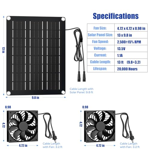 MARBERO 4.7 Inch Solar Powered Fan Kit, 15W Solar Panel with 2 Waterproof Fans, Intake or Exhaust Air Fan wtih 13 Ft Cable for Outside Backyard Chicken Coops, Greenhouses, Dog Houses, Pet Houses - color: Brown