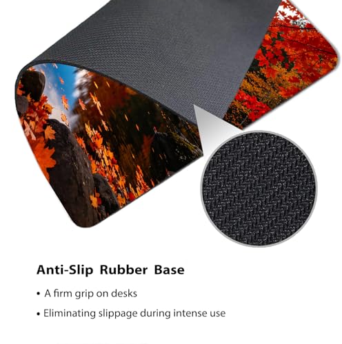 Autumn Forest River with Bridge Mouse Pad 9.5" x 7.9", Red Yellow Fall Maple Leaves Cute Desk Mat, Scenic Landscape - color: Autumn Scenery
