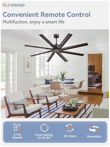 ZMISHIBO 65 Inch Ceiling Fan without Light, 8 Aluminum Reversible Blades | Industrial-Grade, DC Motor, Damp Rated, 6 Speeds, Remote Control, 3 Downrods, Flat/Sloped Ceiling, Living Room, Patio, Gym - color: Oil-bronze, size: 65inch