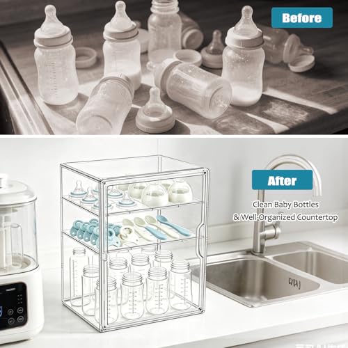 Baby Bottle Storage Organizer for Countertop, Clear Feeding Bottles Station | 3 Tiers Acrylic Baby Bottles Holder Container with Adjustable Dividers & Magnetic Door for Kitchen Cabinet, New Mom Gifts