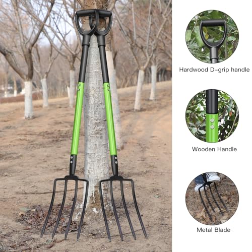 GARDENWORK Garden Fork,45-Inches Pitch Fork with Enhanced&Steel D-Handle | Heavy Duty Gardening Spading Fork with Ergonomic Fiberglass Handle and Metal Tine,45 Inch Spading Fork for Compost, Mulch