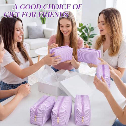 Sanwuta 20 Pcs Seersucker Cosmetic Bags Bulk, Striped Zippered,Purple | Makeup Bags Women Pouch, Large Preppy Storage Toiletry Travel Pouch for Wedding Bridesmaid Bride Favor Back to Teacher Gift - color: Purple