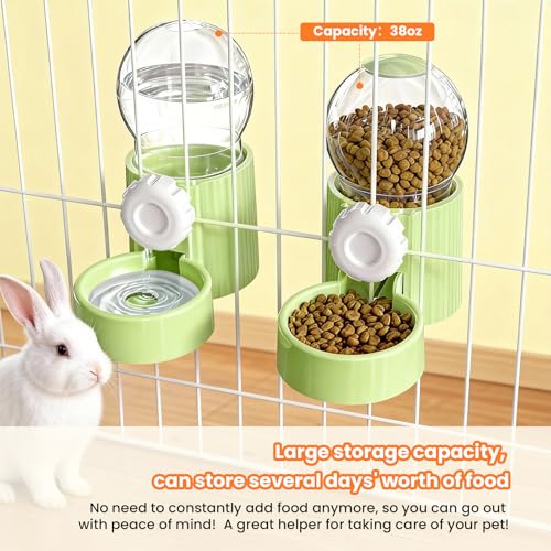38oz Rabbit Water Dispenser and Feeder Set(Green) | Large Hanging Automatic Food Water Dispenser, for Bunny Guinea Pig Chinchilla Ferret Cage Accessories - color: Green