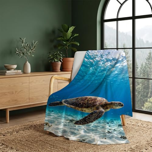 Tropical Ocean Turtle Throw Blanket, Flannel Fleece 50" x 60" | Yujiiso Tropical Ocean Turtle Blanket Lightweight Decor for Living Room, Bedroom, Office and Travel, Home Decor Gift - color: Tropical Ocean Blue Water Turtle, size: 50"x60"